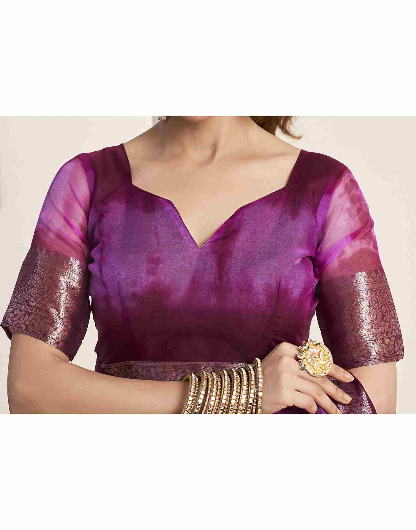 Wine Organza Printed Woven Saree