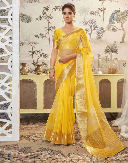 Yellow Organza Printed Woven Saree