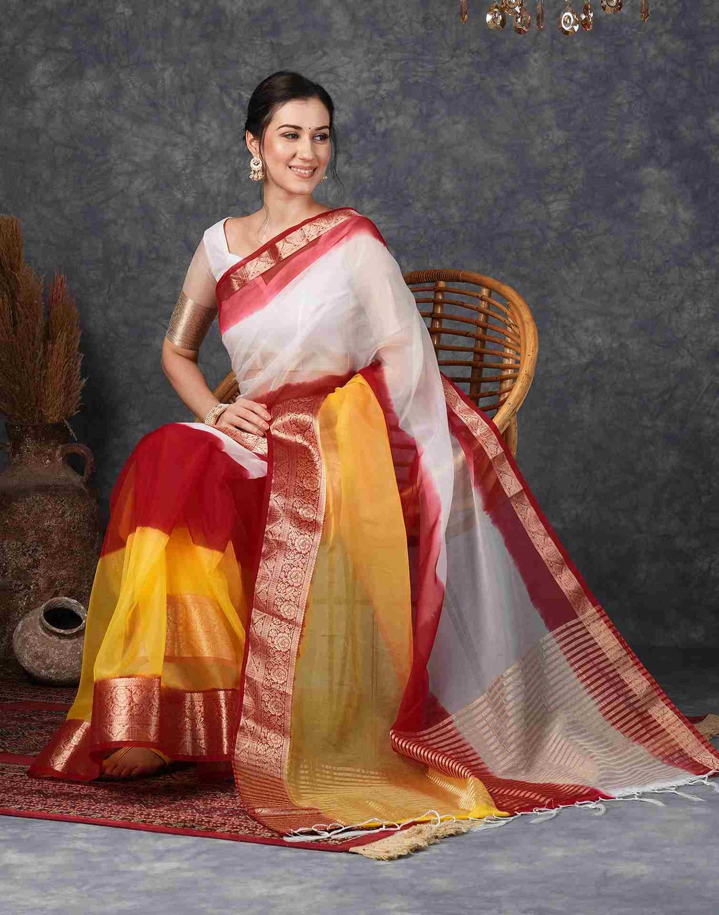 Yellow Organza Plain Woven Saree