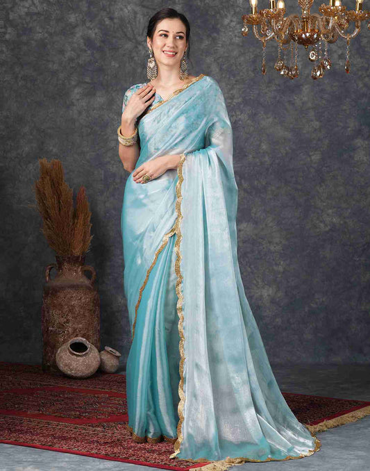 Sky Blue Chiffon Plain Jimmy Choo Saree