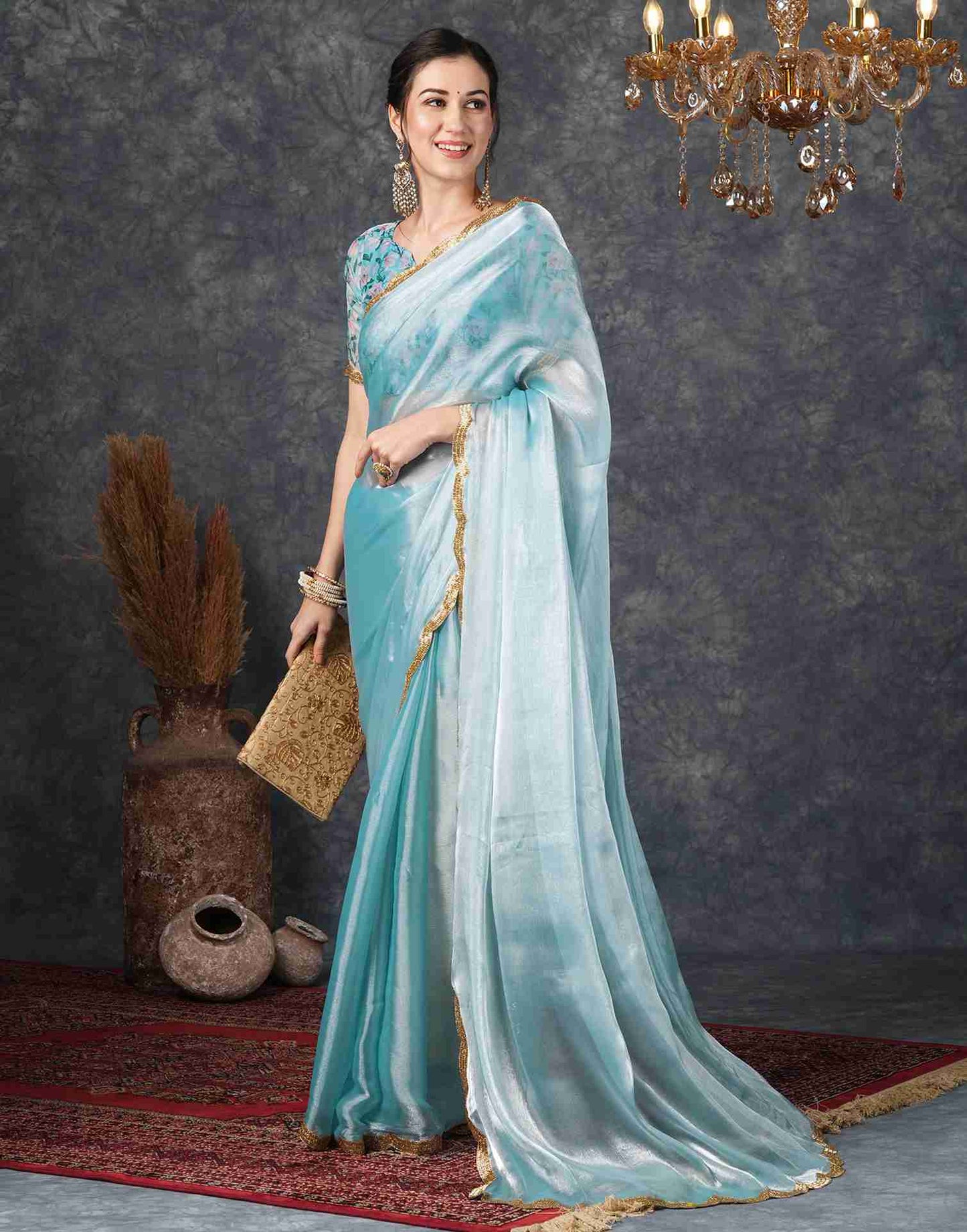 Sky Blue Chiffon Plain Jimmy Choo Saree
