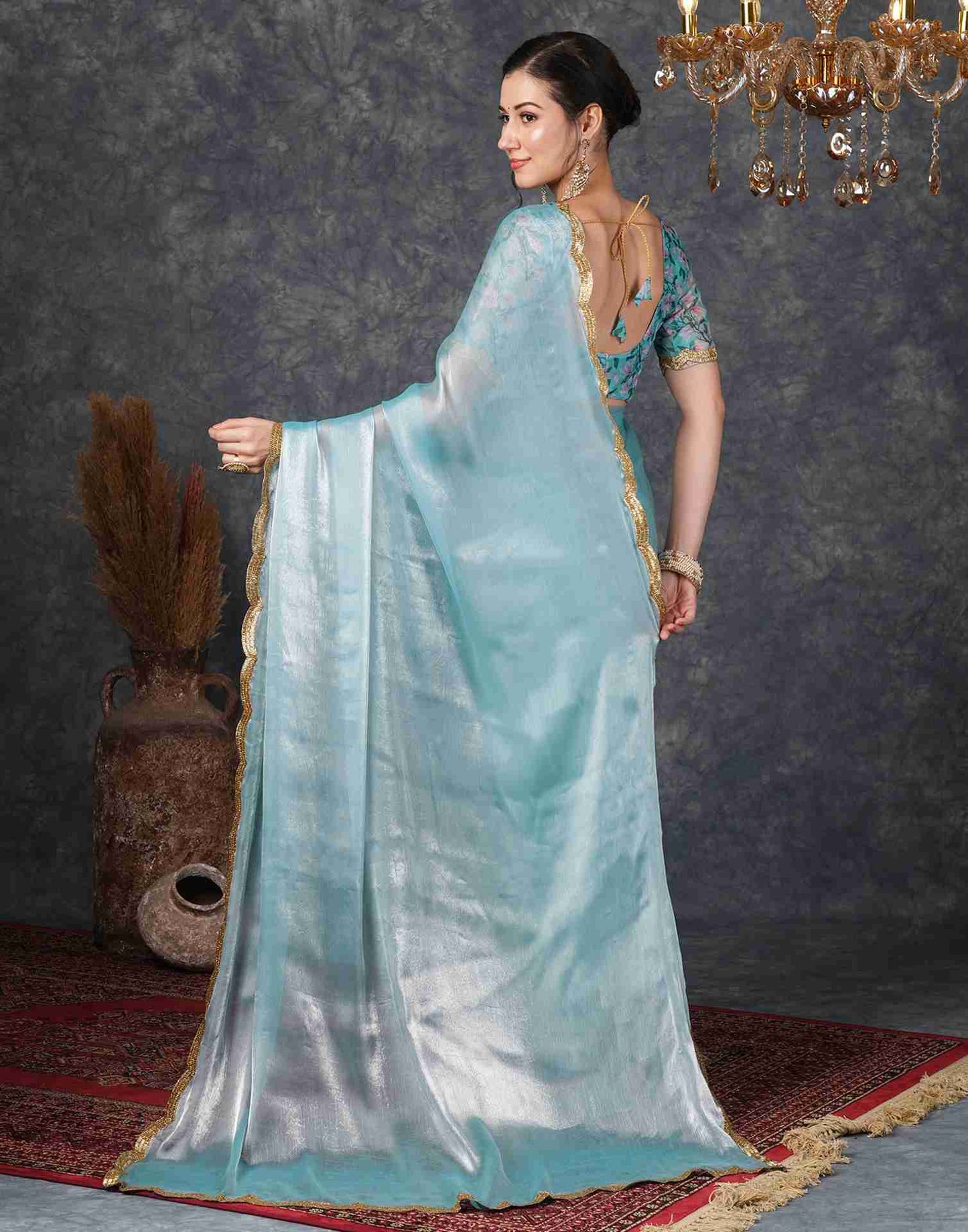 Sky Blue Chiffon Plain Jimmy Choo Saree