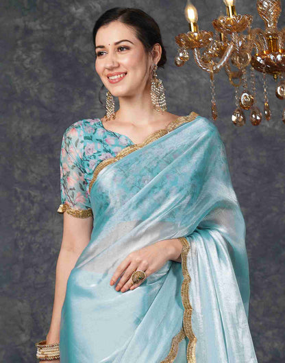 Sky Blue Chiffon Plain Jimmy Choo Saree
