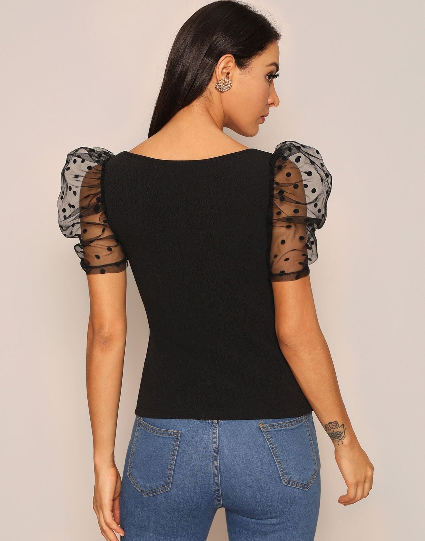 Polka Dot Mesh Puff Sleeve Slim Top | Sudathi