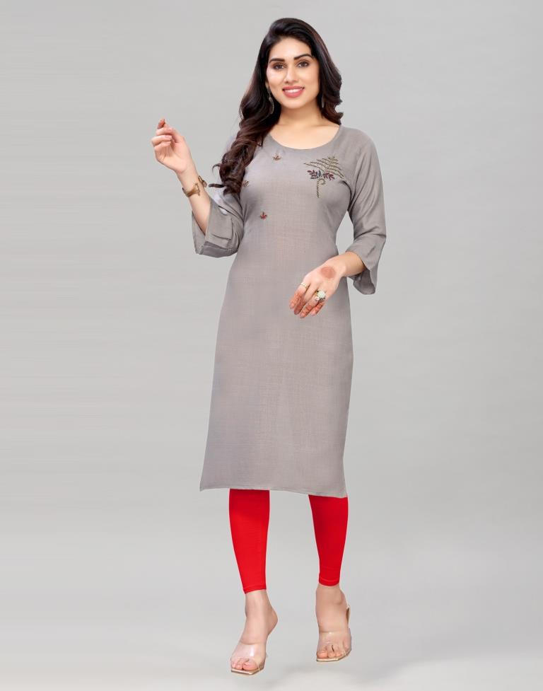 Grey Coloured Embroidered Diva Slub Kurti | Sudathi