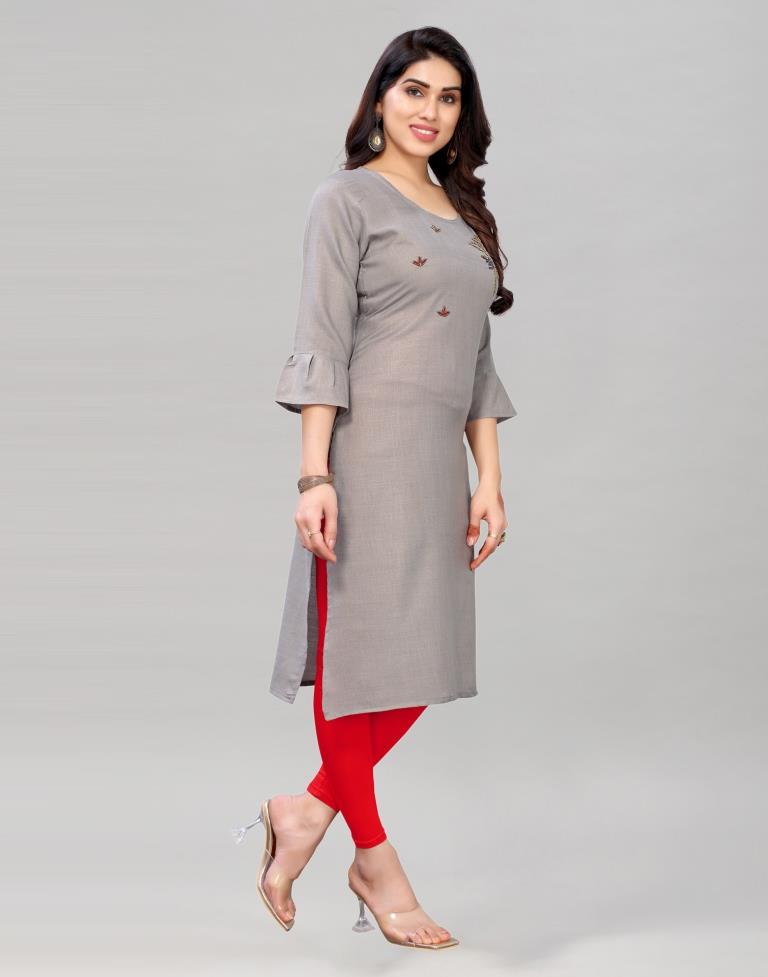 Grey Coloured Embroidered Diva Slub Kurti | Sudathi