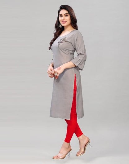 Grey Coloured Embroidered Diva Slub Kurti | Sudathi