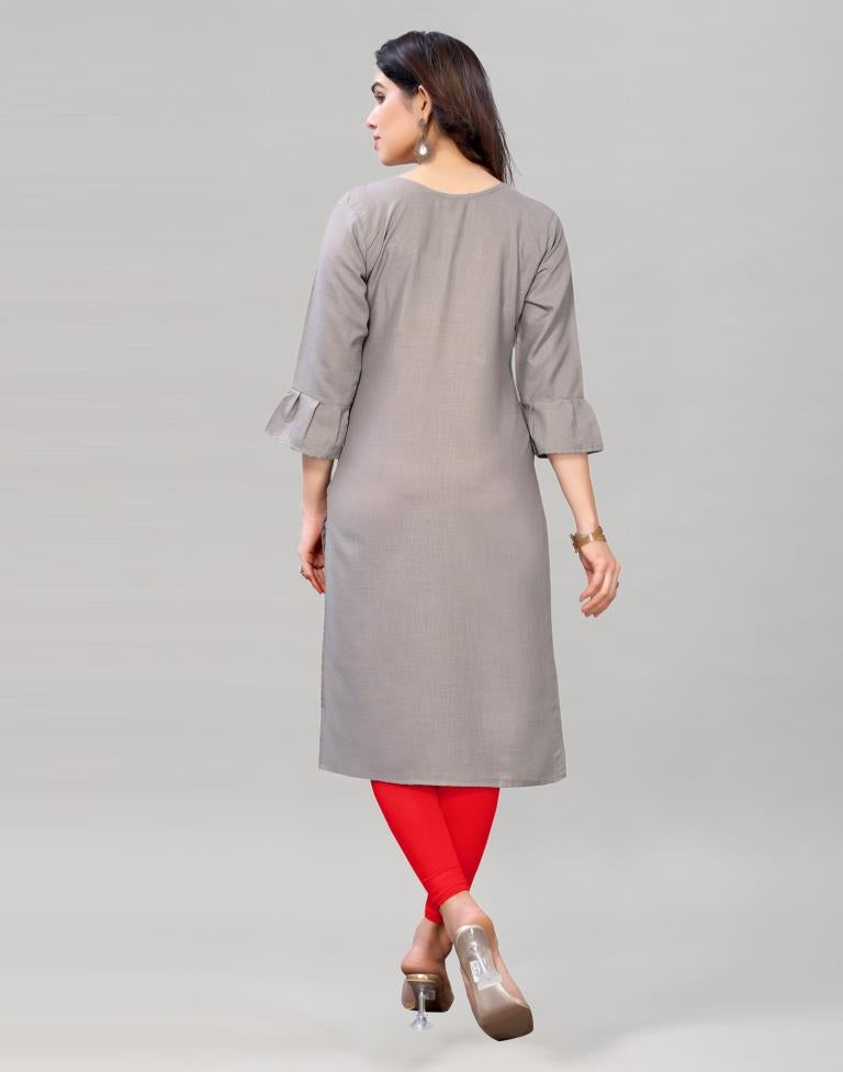 Grey Coloured Embroidered Diva Slub Kurti | Sudathi