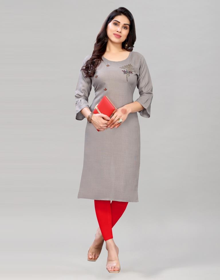 Grey Coloured Embroidered Diva Slub Kurti | Sudathi