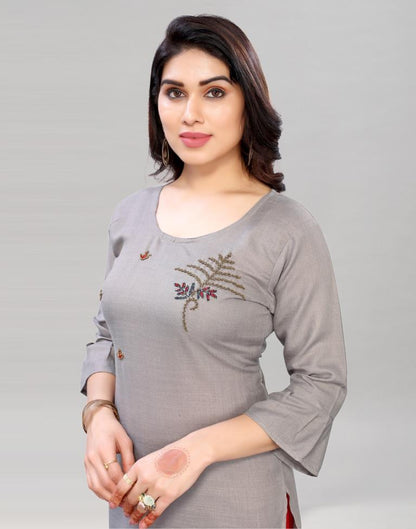 Grey Coloured Embroidered Diva Slub Kurti | Sudathi