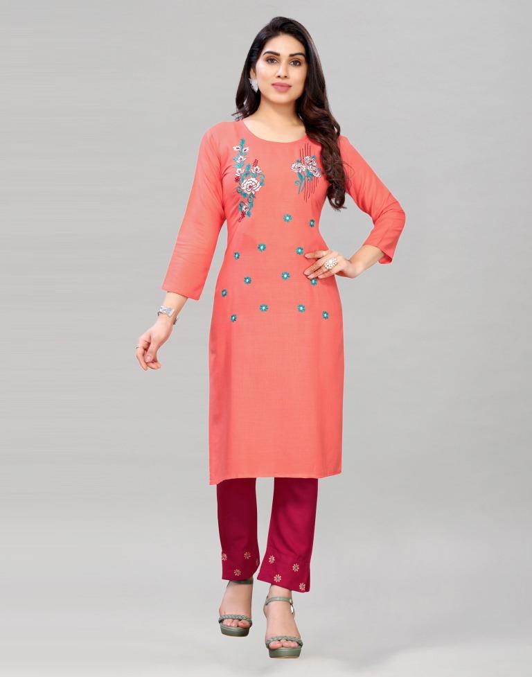 Peach Coloured Embroidered Rayon Slub Kurti | Sudathi