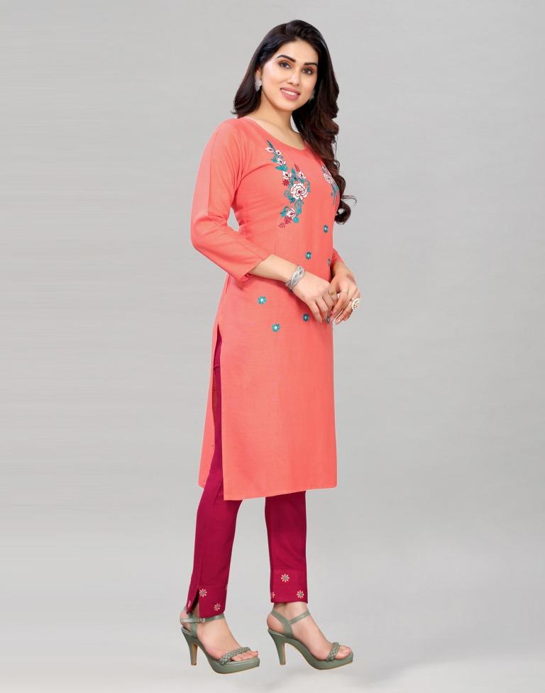 Peach Coloured Embroidered Rayon Slub Kurti | Sudathi