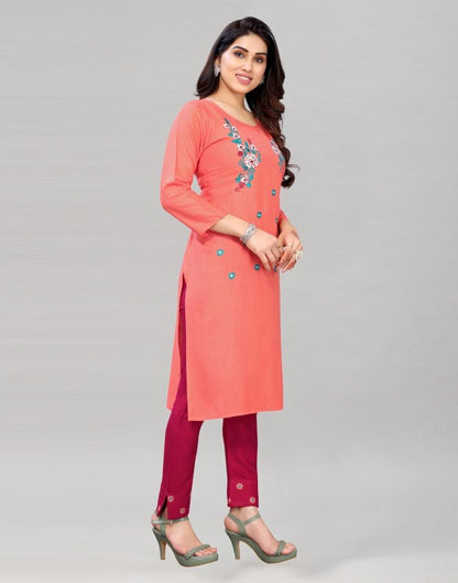 Peach Coloured Embroidered Rayon Slub Kurti | Sudathi