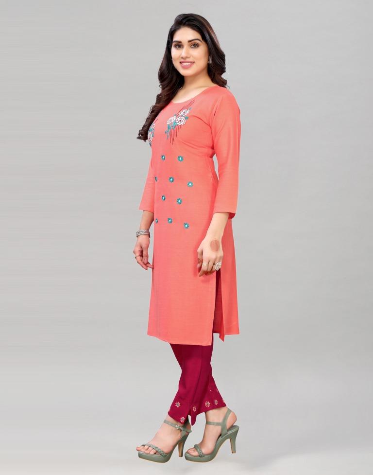 Peach Coloured Embroidered Rayon Slub Kurti | Sudathi