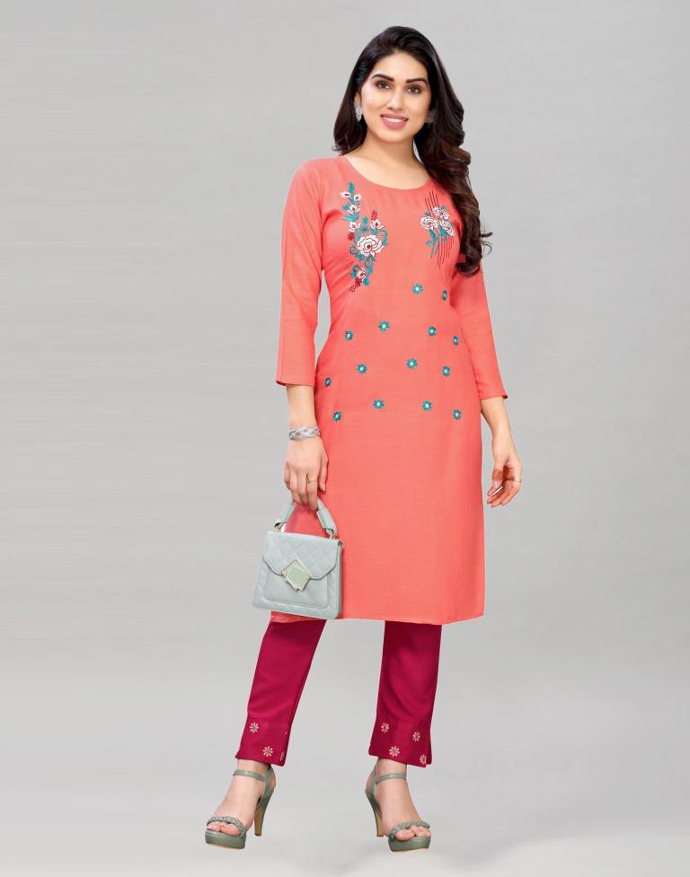 Peach Coloured Embroidered Rayon Slub Kurti | Sudathi