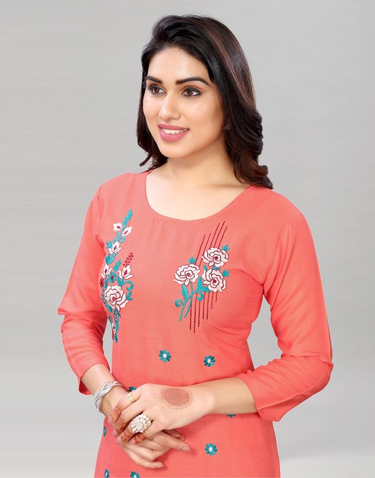 Peach Coloured Embroidered Rayon Slub Kurti | Sudathi