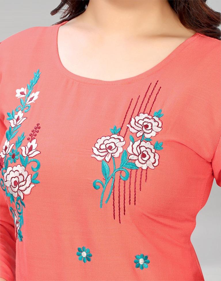 Peach Coloured Embroidered Rayon Slub Kurti | Sudathi