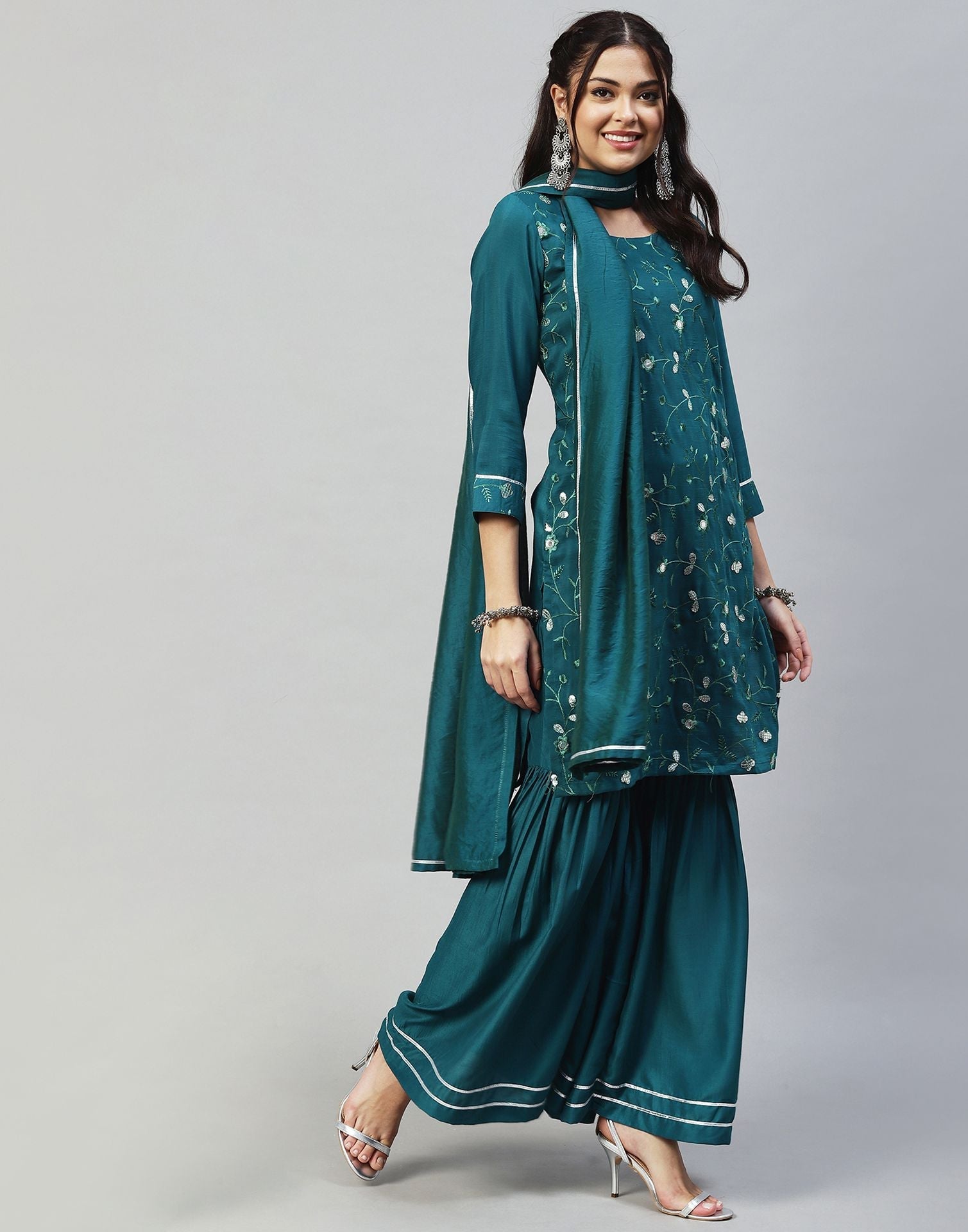 Dark Green Kurti With Sharara And Dupatta | Leemboodi