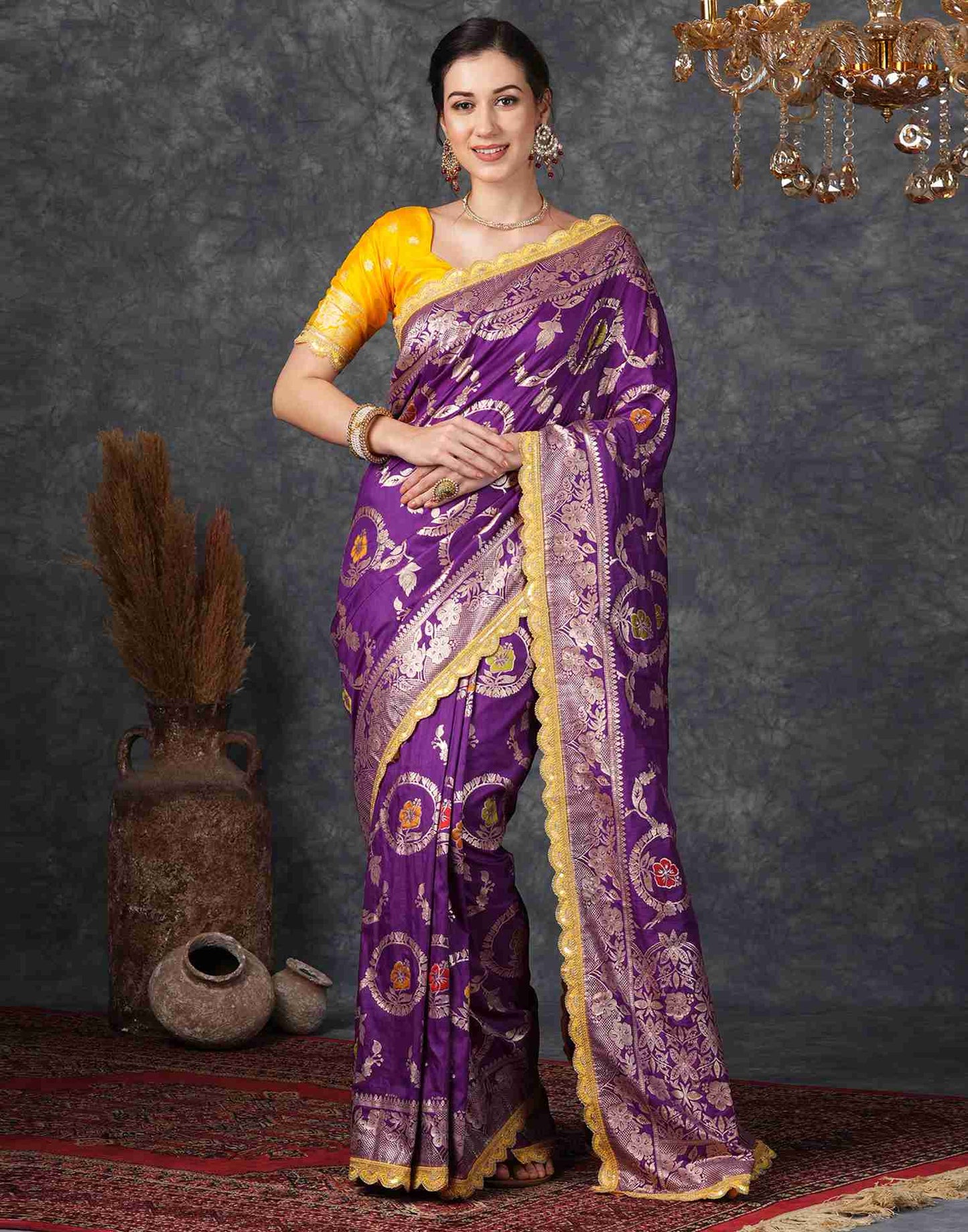 Deep Violet Silk Plain Banarasi Saree