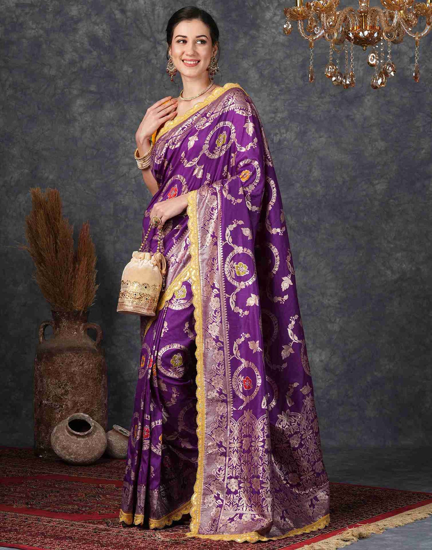 Deep Violet Silk Plain Banarasi Saree