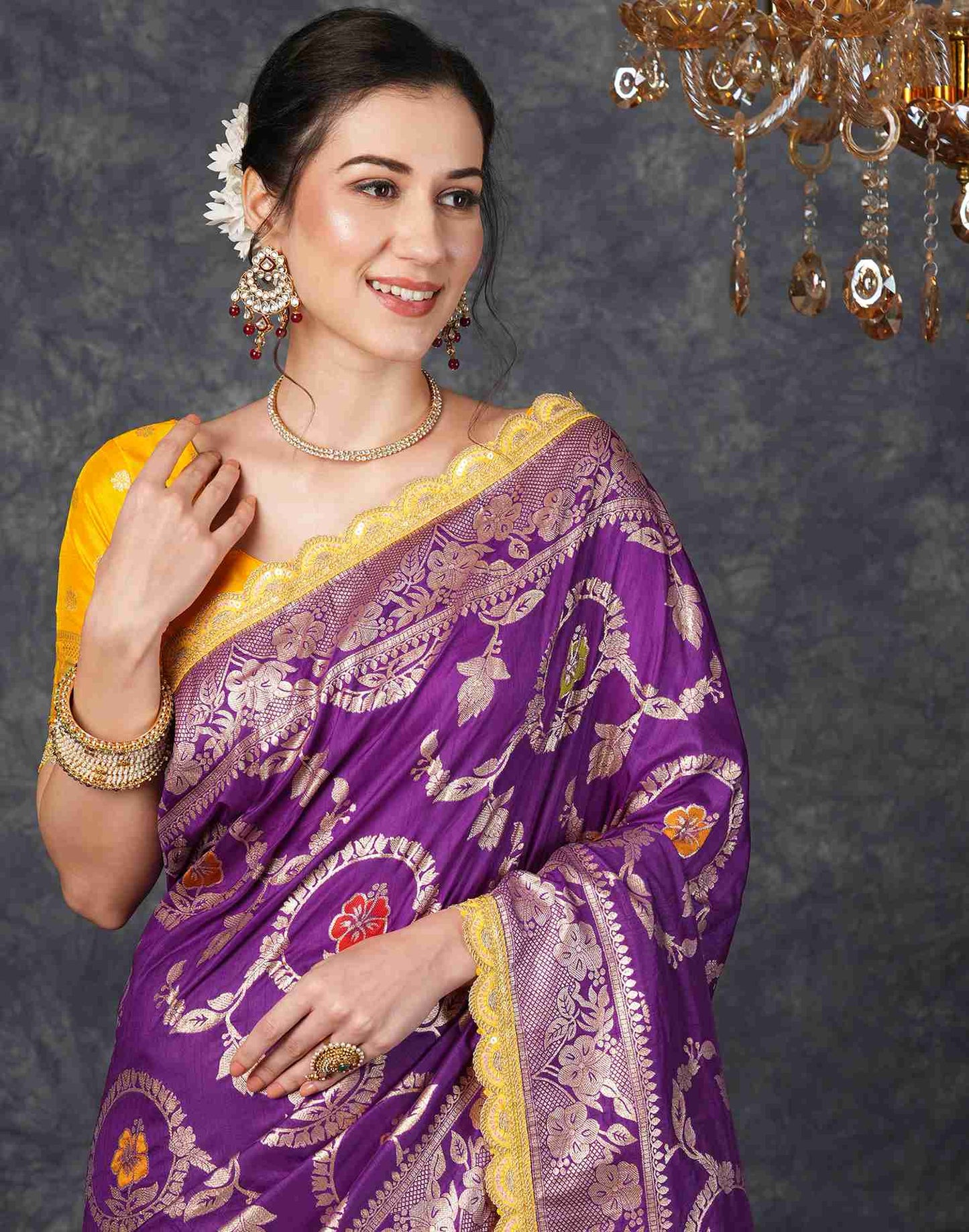 Deep Violet Silk Plain Banarasi Saree