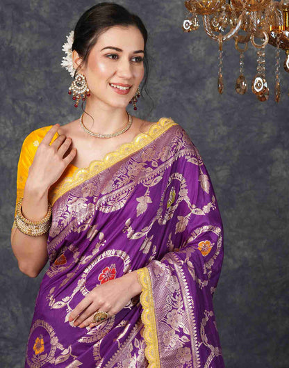 Deep Violet Silk Plain Banarasi Saree