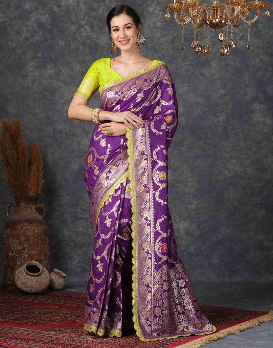 Deep Violet Silk Plain Banarasi Saree