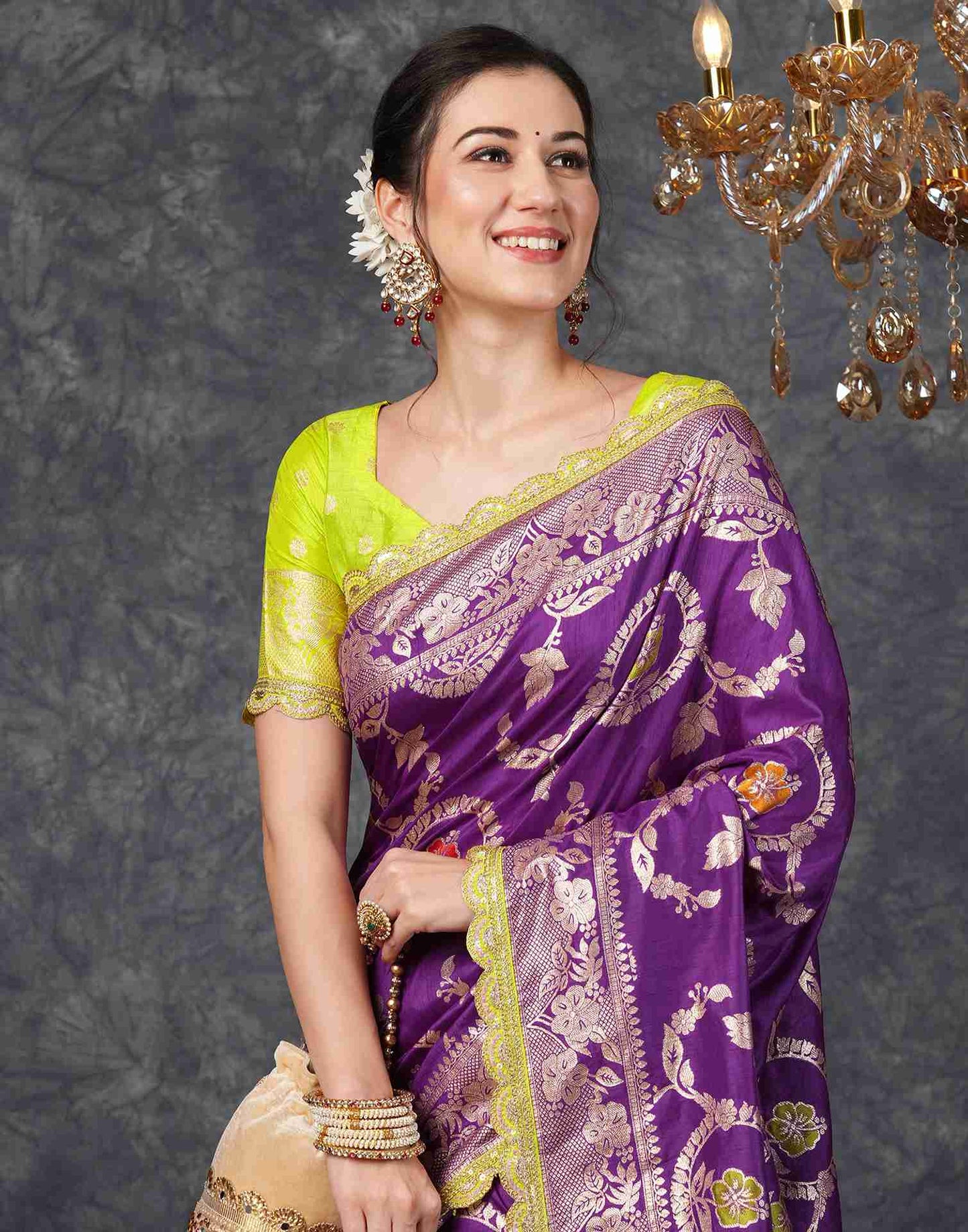 Deep Violet Silk Plain Banarasi Saree