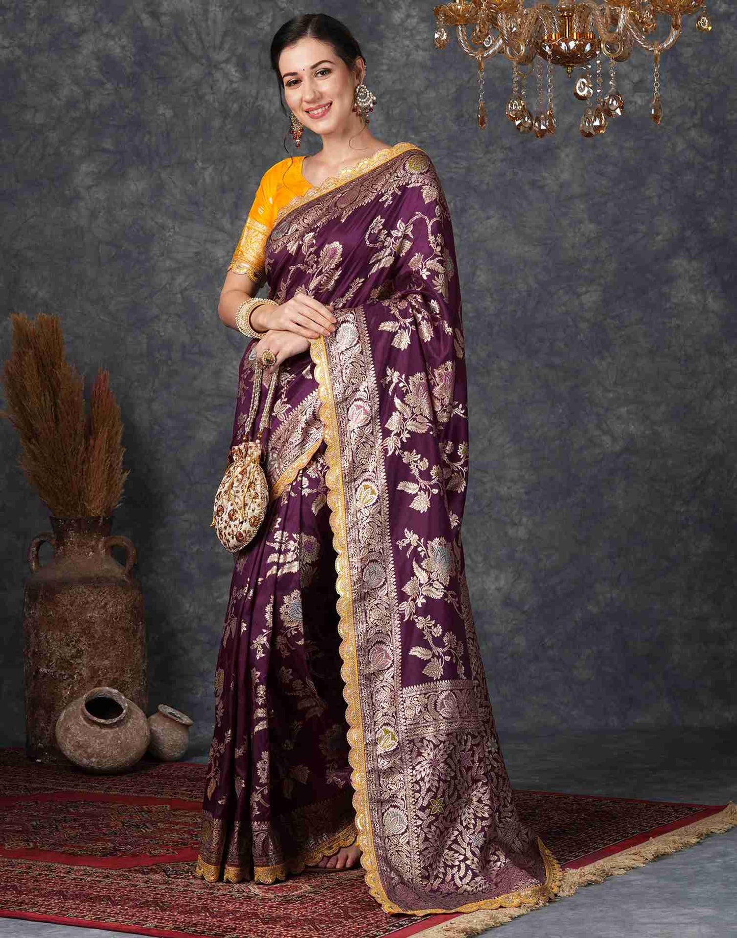 Wine Silk Plain Banarasi Saree