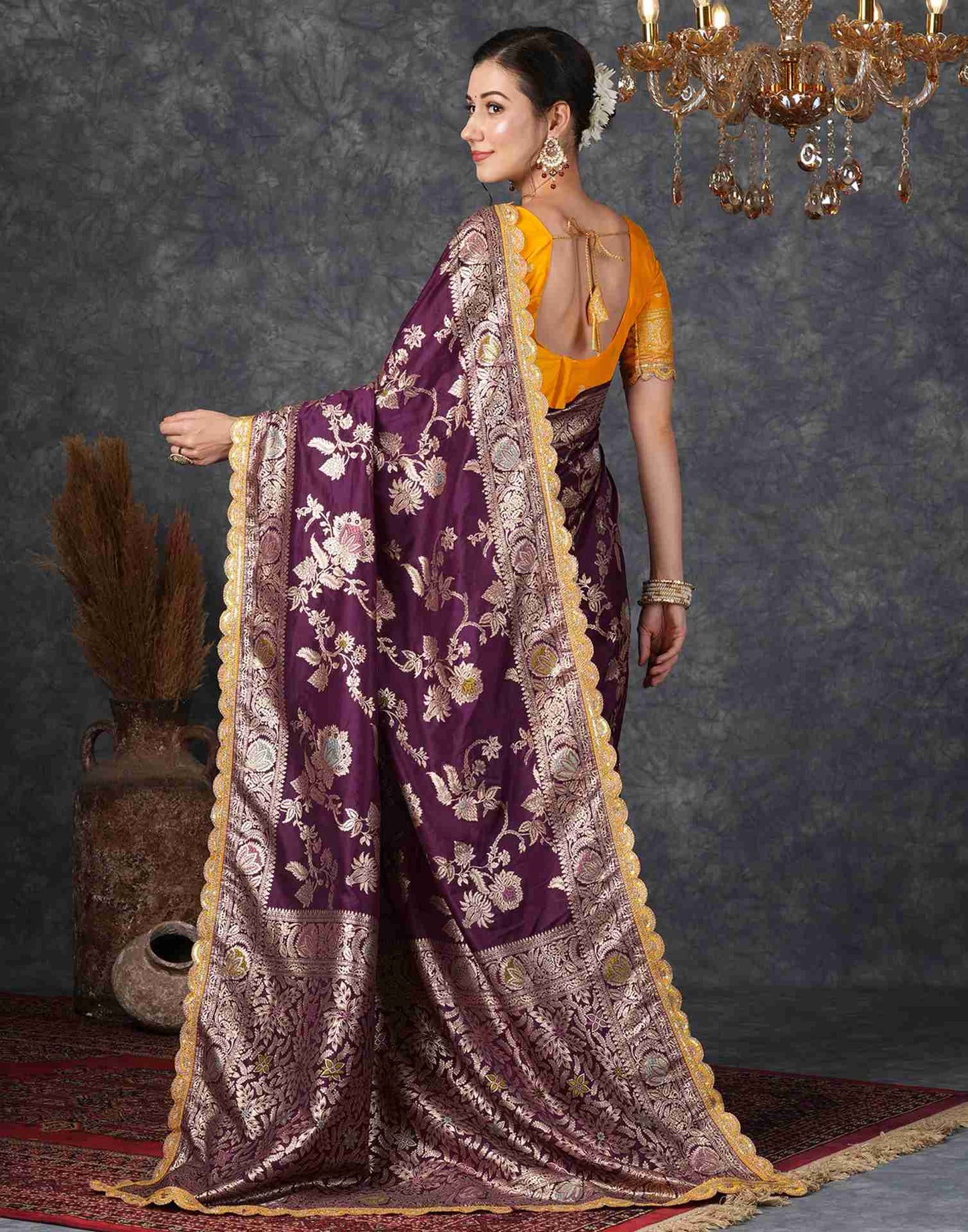 Wine Silk Plain Banarasi Saree