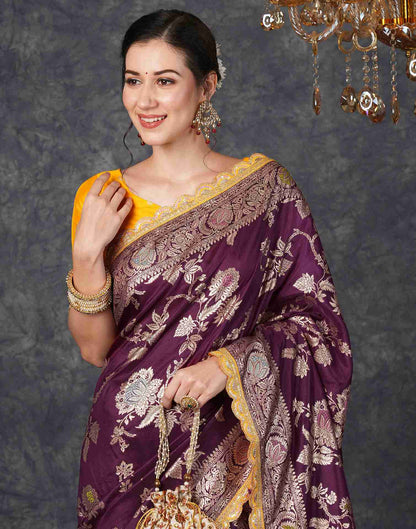 Wine Silk Plain Banarasi Saree