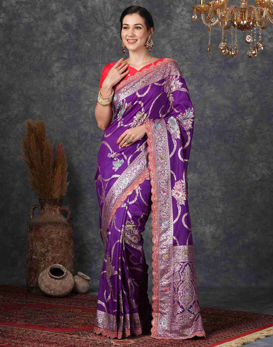 Deep Violet Silk Plain Banarasi Saree
