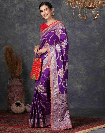 Deep Violet Silk Plain Banarasi Saree