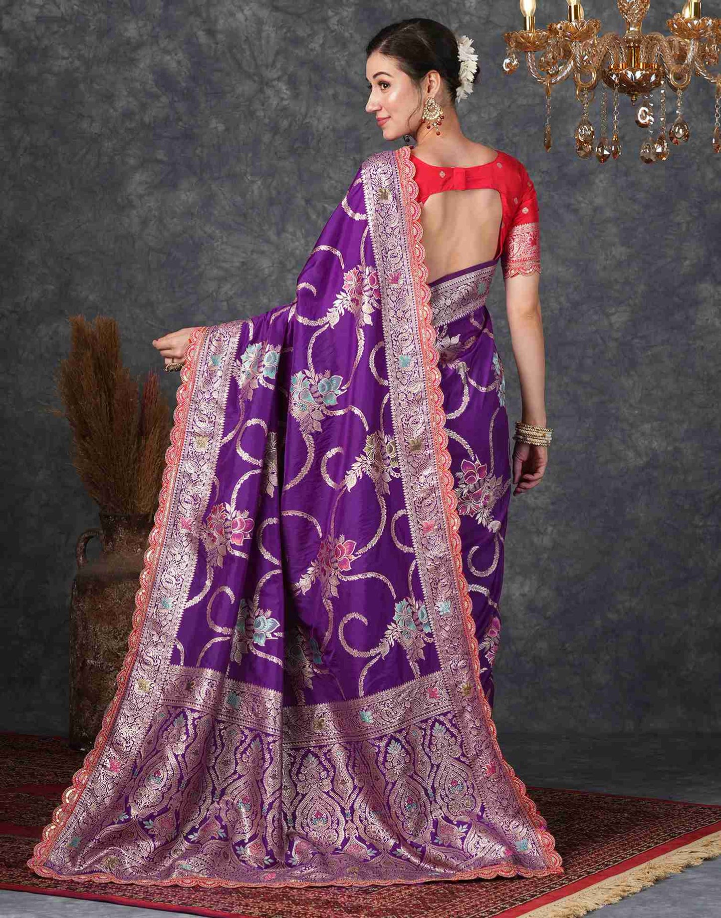Deep Violet Silk Plain Banarasi Saree