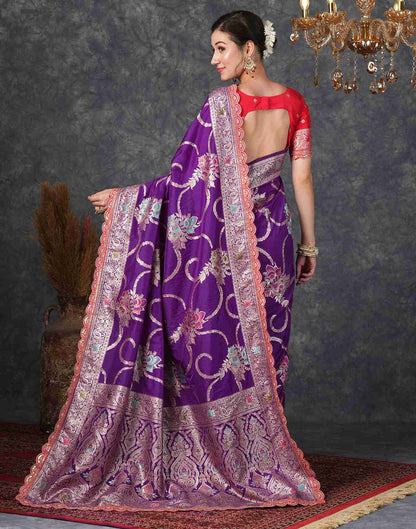 Deep Violet Silk Plain Banarasi Saree