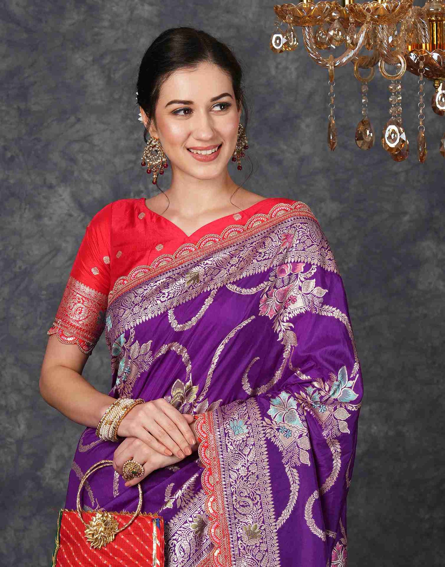Deep Violet Silk Plain Banarasi Saree