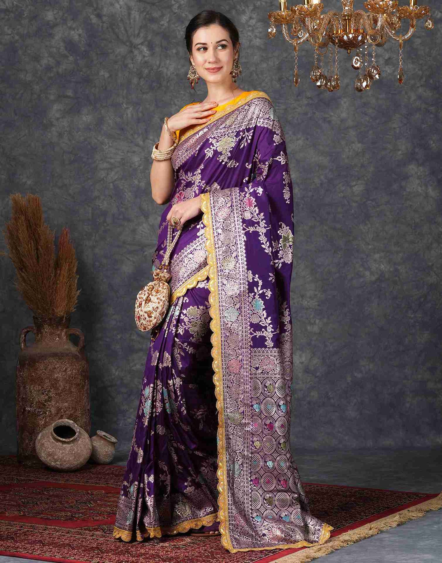 Deep Purple Silk Plain Banarasi Saree