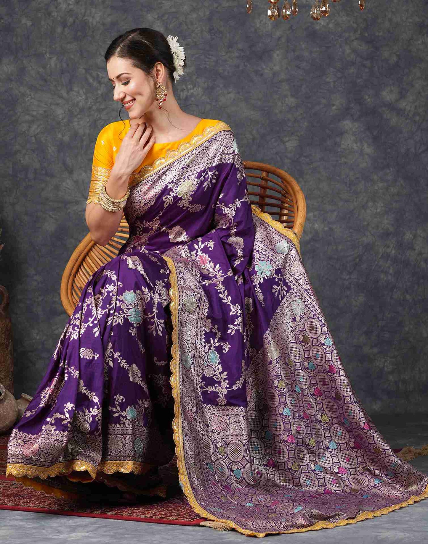 Deep Purple Silk Plain Banarasi Saree