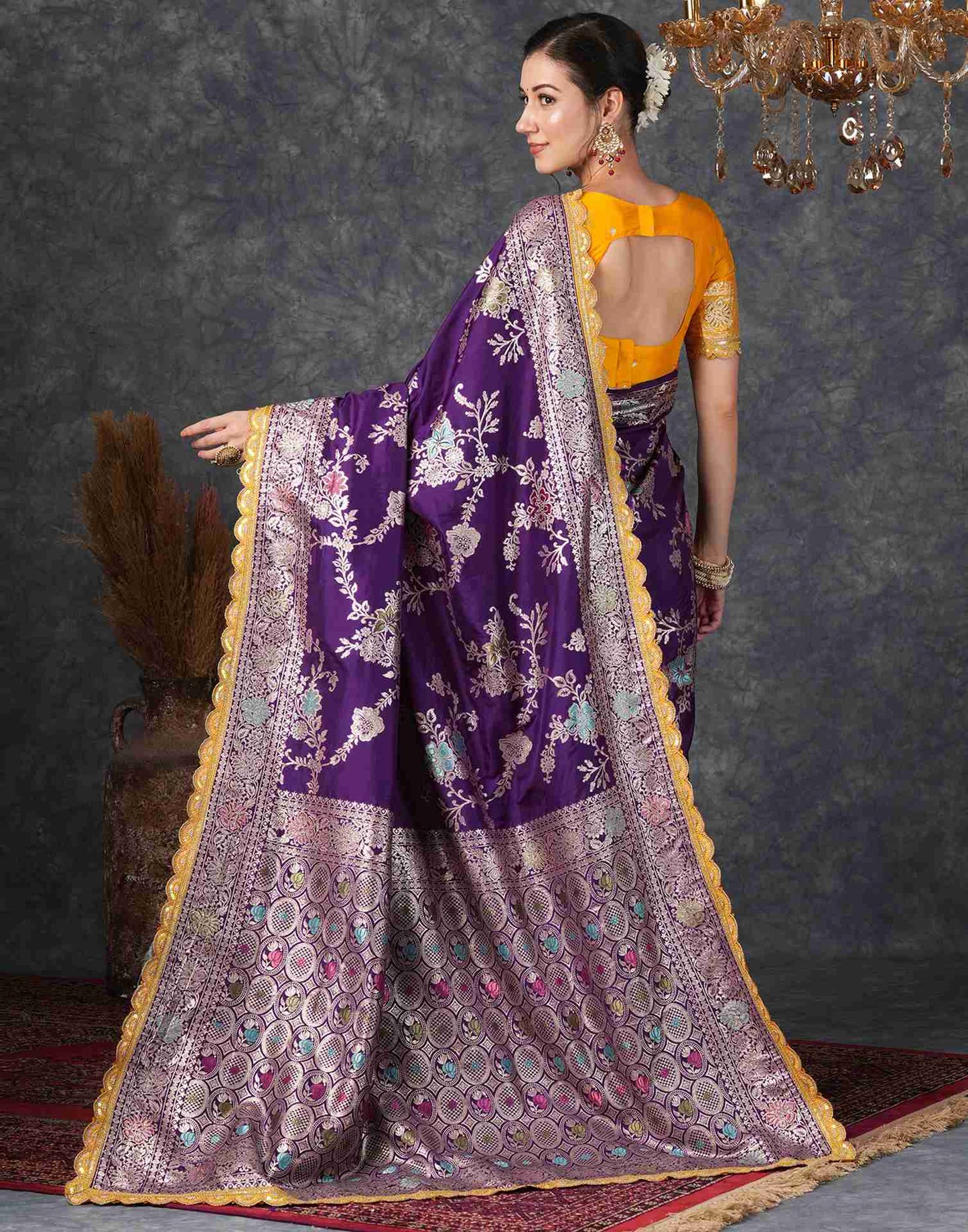 Deep Purple Silk Plain Banarasi Saree