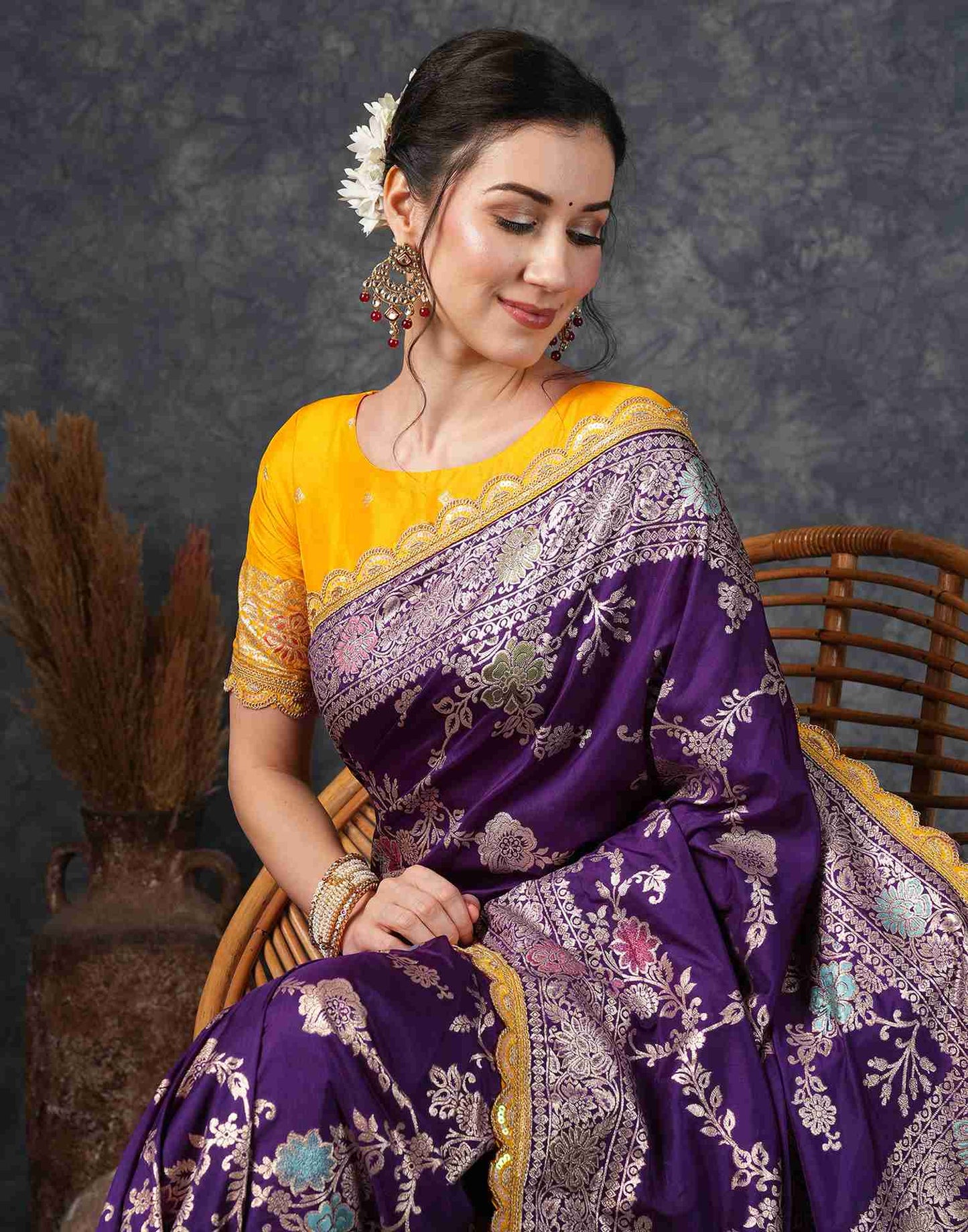 Deep Purple Silk Plain Banarasi Saree