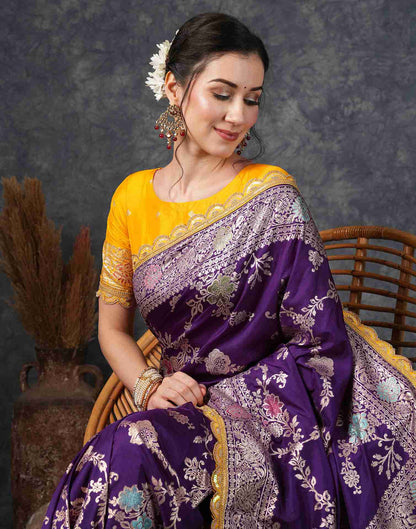 Deep Purple Silk Plain Banarasi Saree