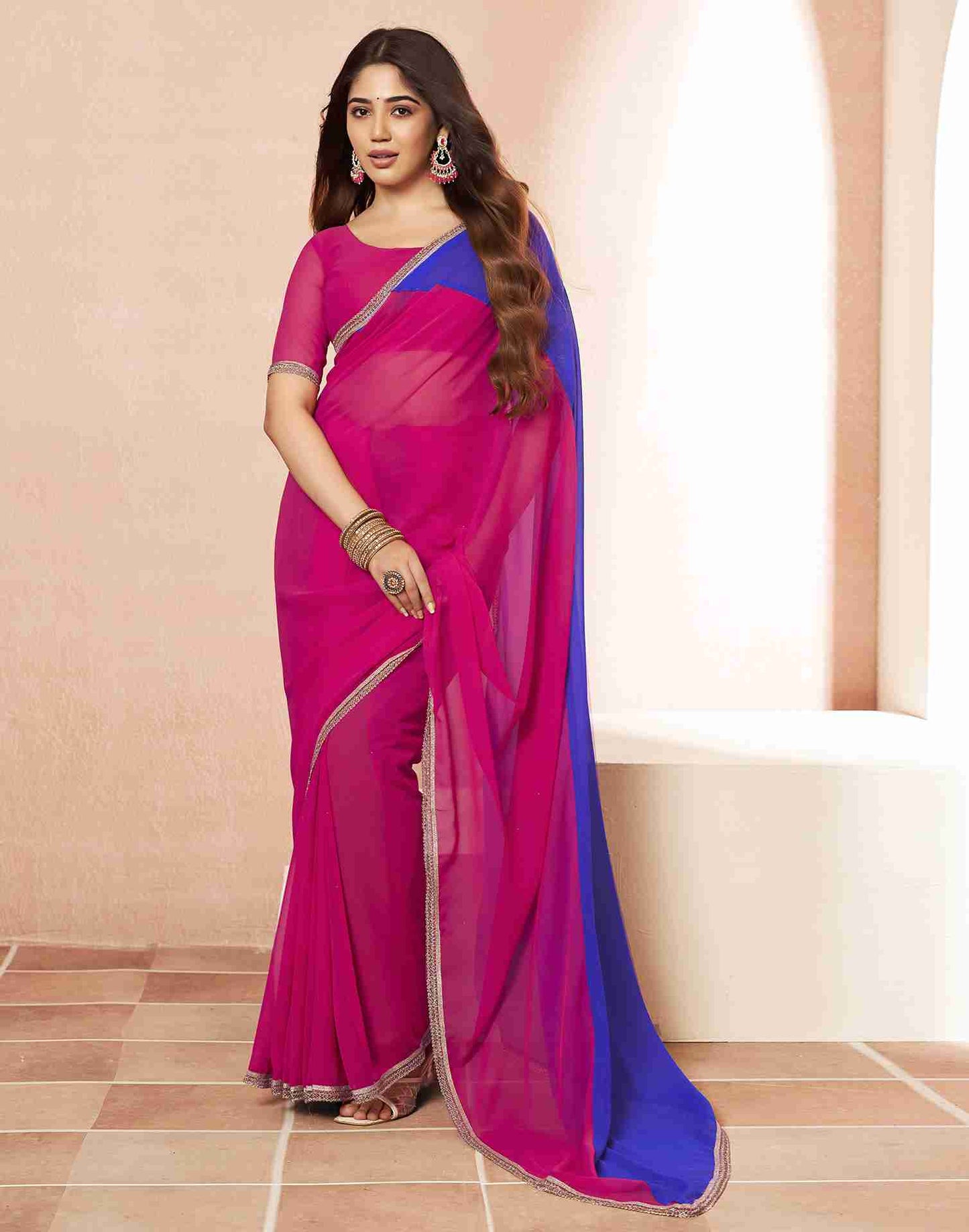 Magenta Georgette Plain Saree