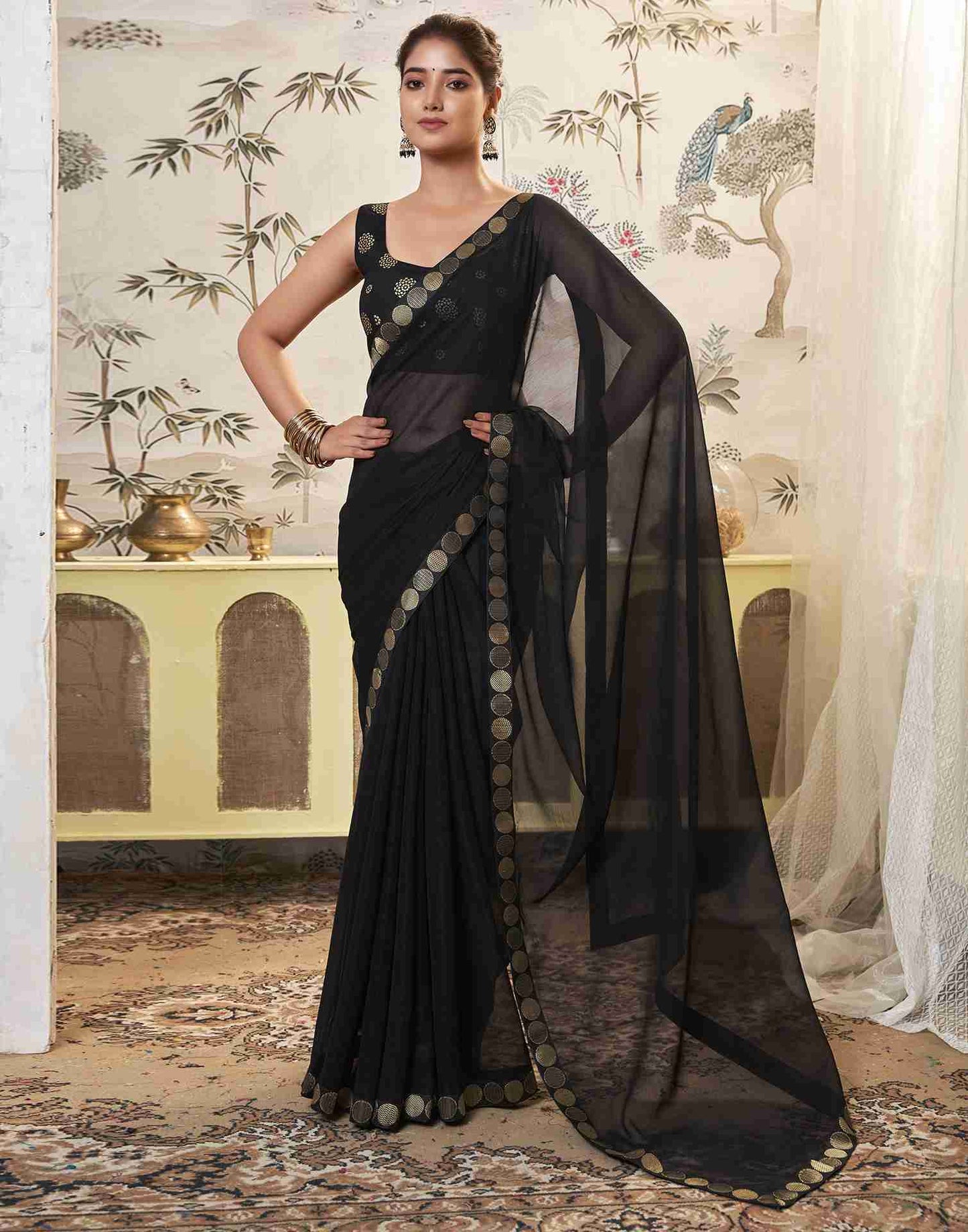 Black Chiffon Plain Saree