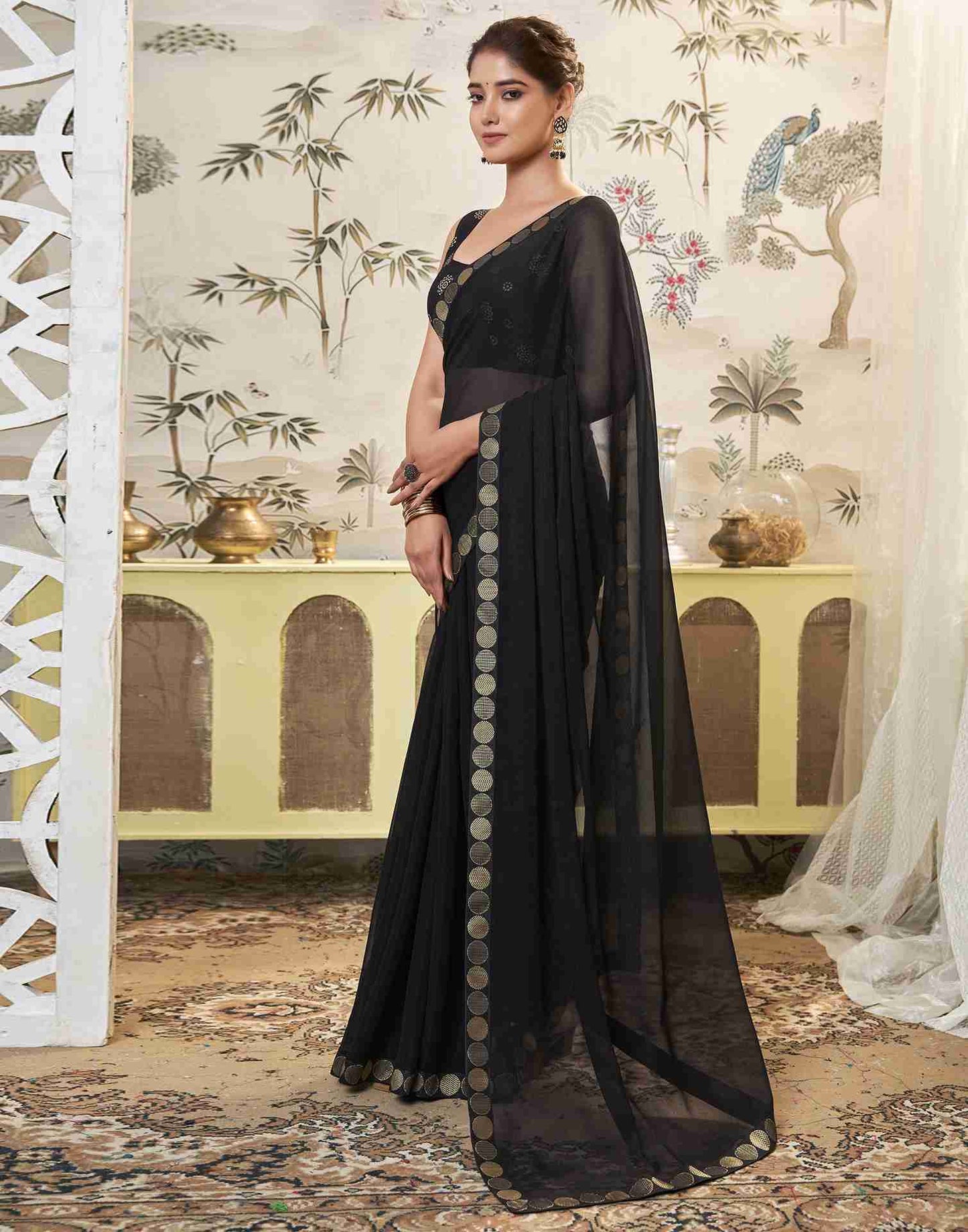 Black Chiffon Plain Saree