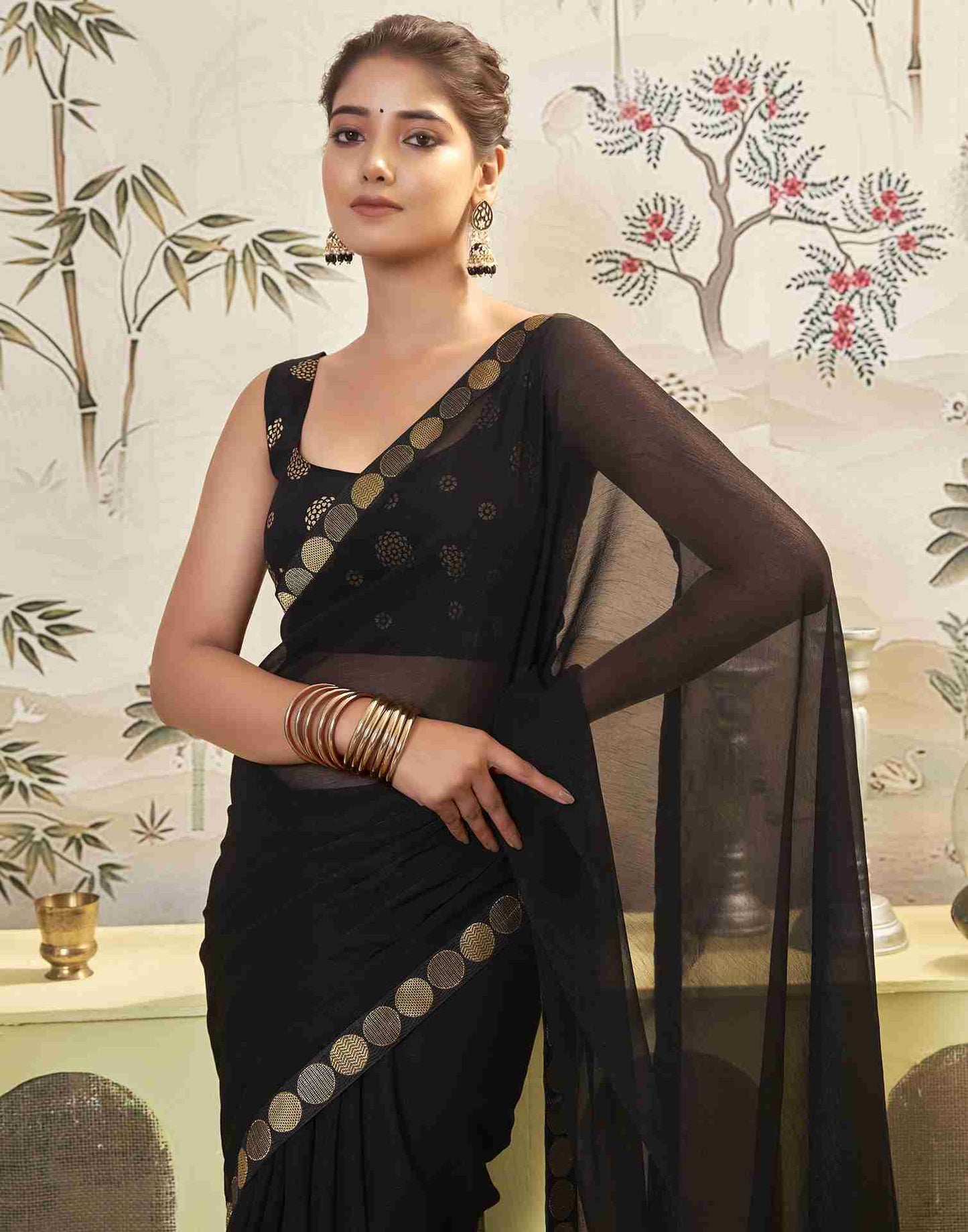 Black Chiffon Plain Saree