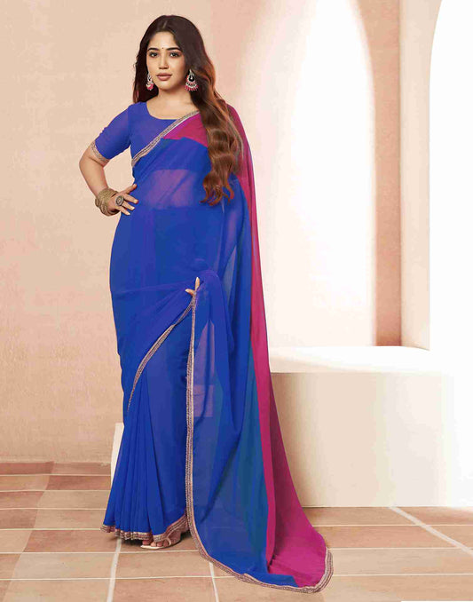 Dark Blue Georgette Plain Saree