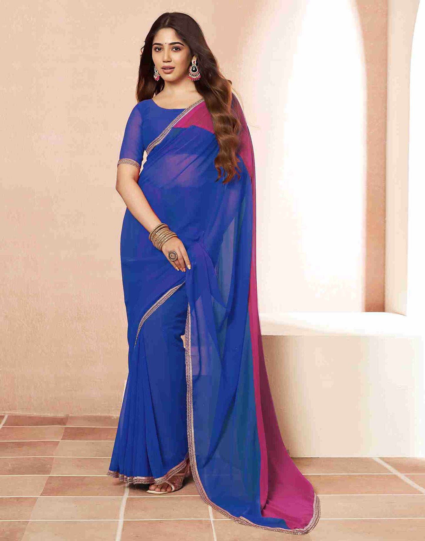 Dark Blue Georgette Plain Saree