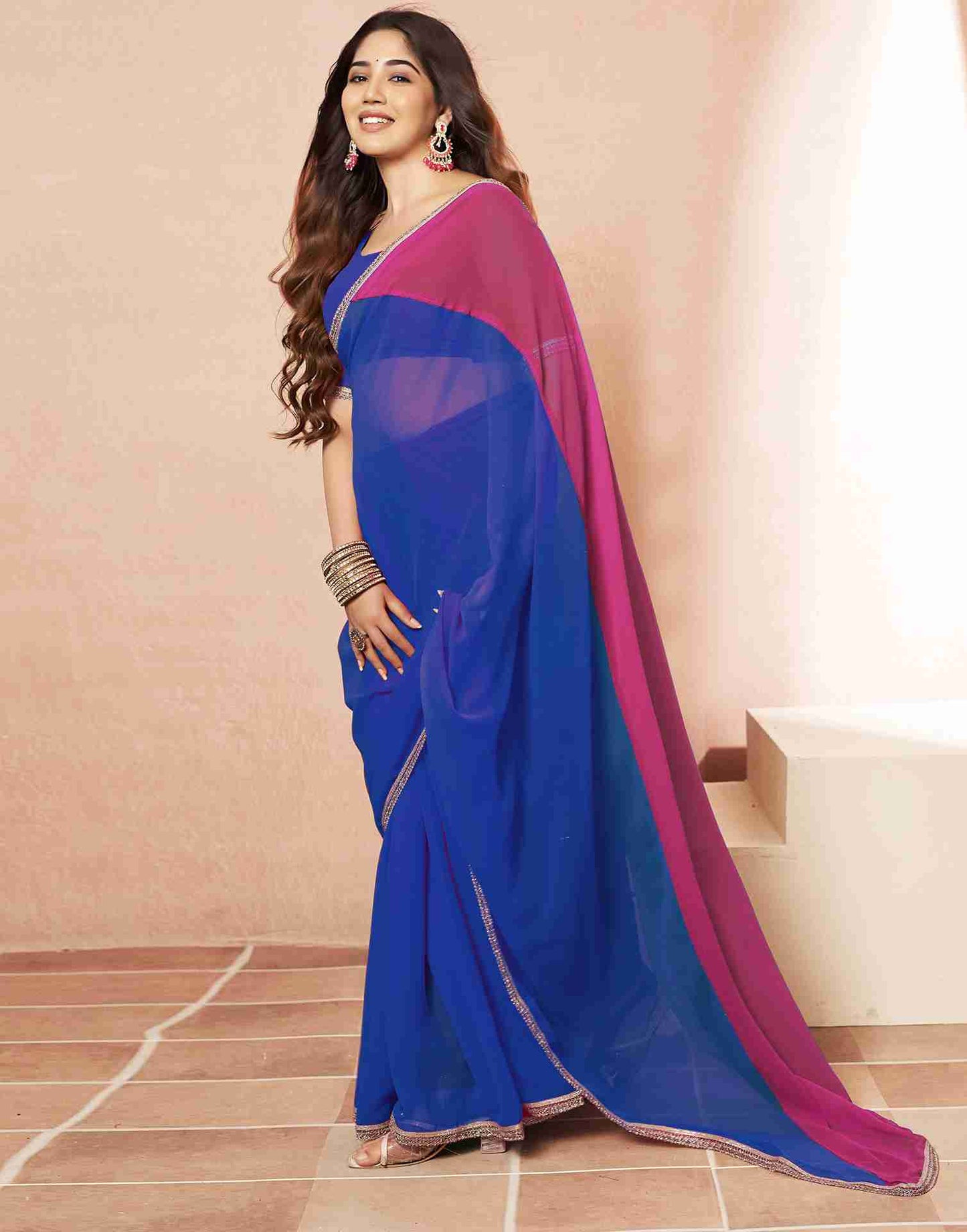 Dark Blue Georgette Plain Saree