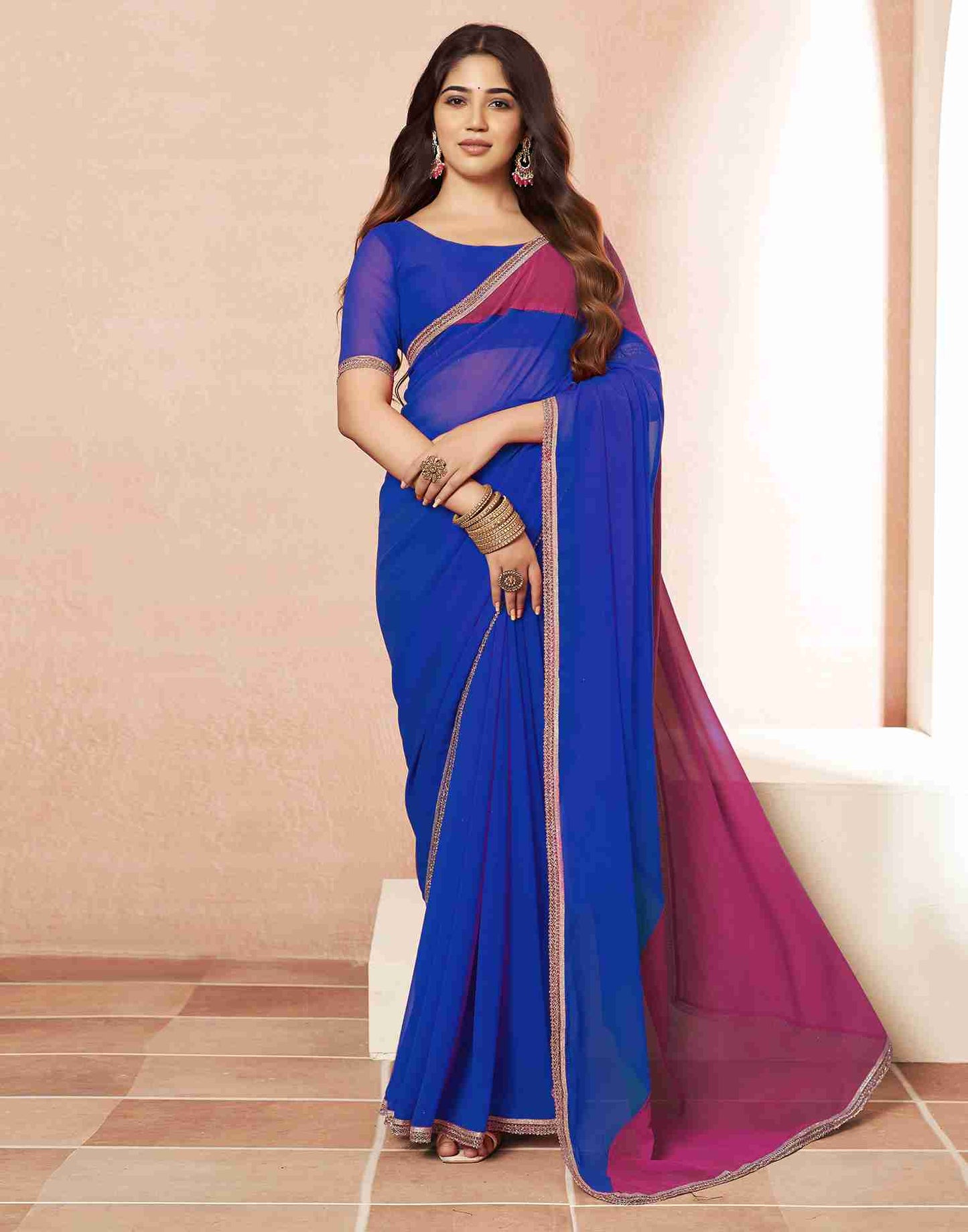Dark Blue Georgette Plain Saree