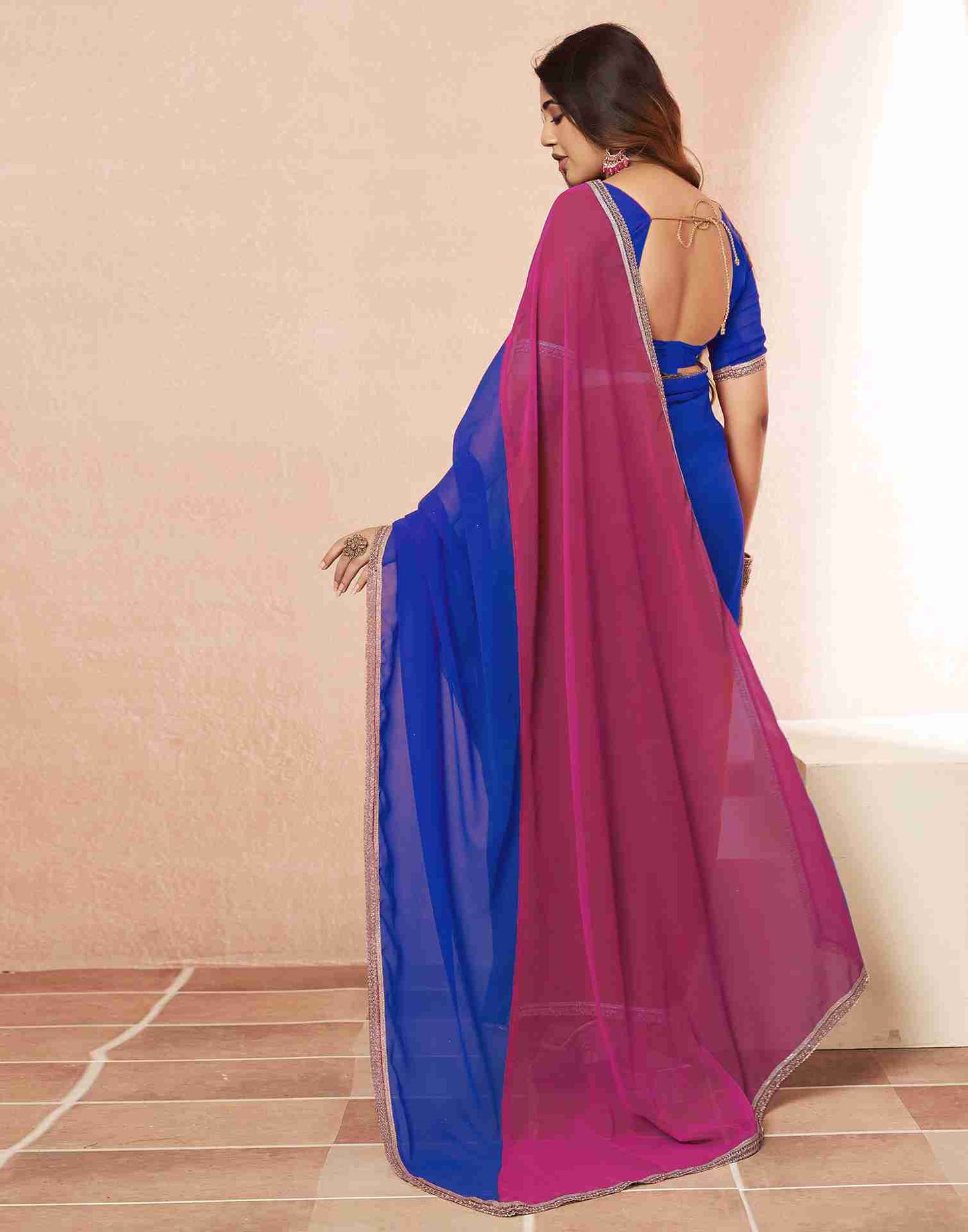 Dark Blue Georgette Plain Saree